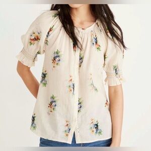 Madewell smocked button down Cream Floral Blouse xxs
